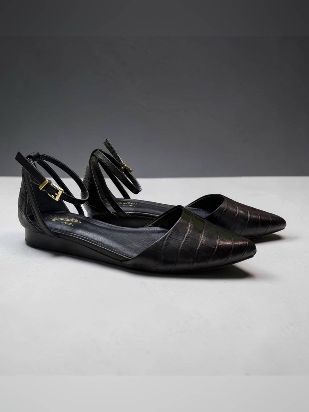 Seychelles Black Croc-Embossed Pointed Flats with Ankle Strap